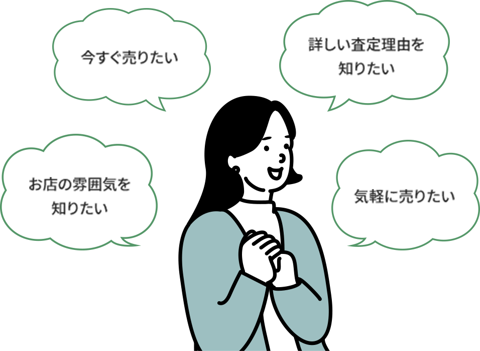 今すぐ売りたい・お店の雰囲気を知りたい・詳しい査定理由を知りたい・気軽に売りたい